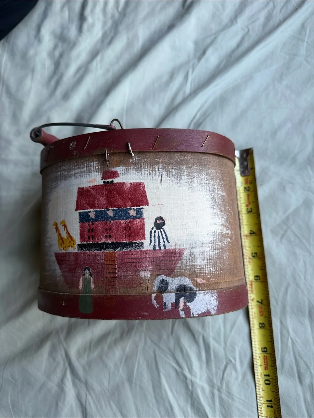 Noah's Ark Painted bent wood bucket in Red and Brown